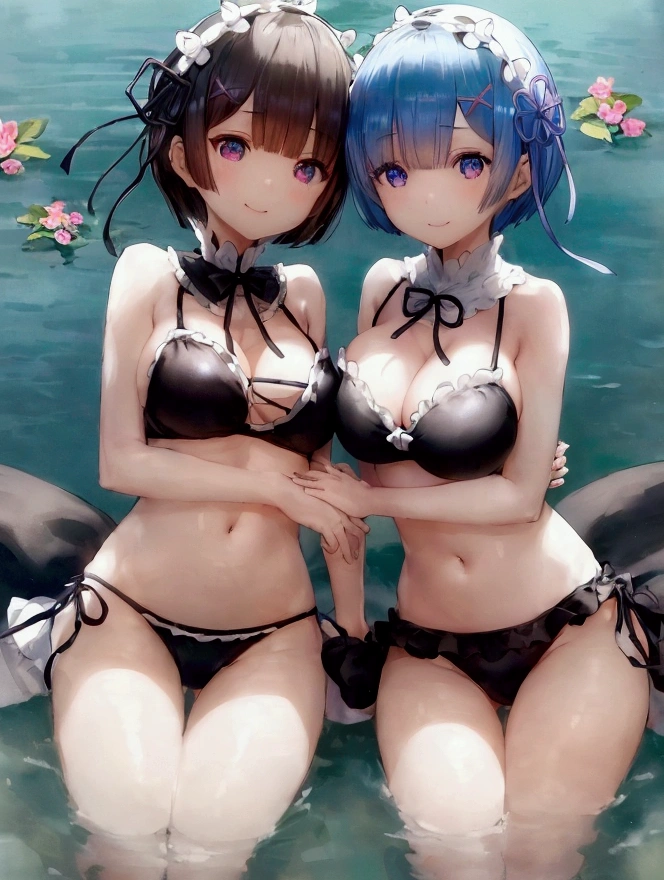 Re:Zero、Rem、Black and white bikini、Gentle smile、Re:Zero、Rem、Black and white bikini、Gentle smile、short hair、Round hairstyle、1girlsshort hair、Round hairstyle、1girls、hugging a float、