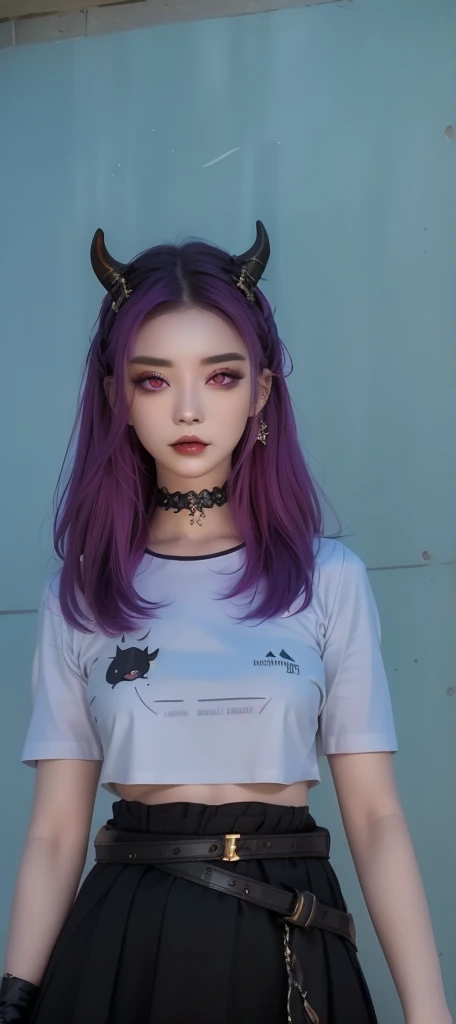 a close up of a woman with horns and a purple hair , dark piercing eyes, devious evil expression, character close up, piercing gaze, ( ( deep black eyes ) ), cat - like scarlet eyes, cruel korean goth girl, with long hair and piercing eyes, close up character, glowing ember eyes, character close-up