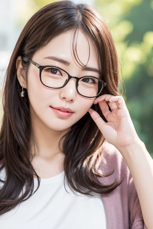 Highest quality、masterpiece、High sensitivity、High resolution、Detailed Description、Slender women、Glasses、Wink、Close one eye、stick out your tongue a little、