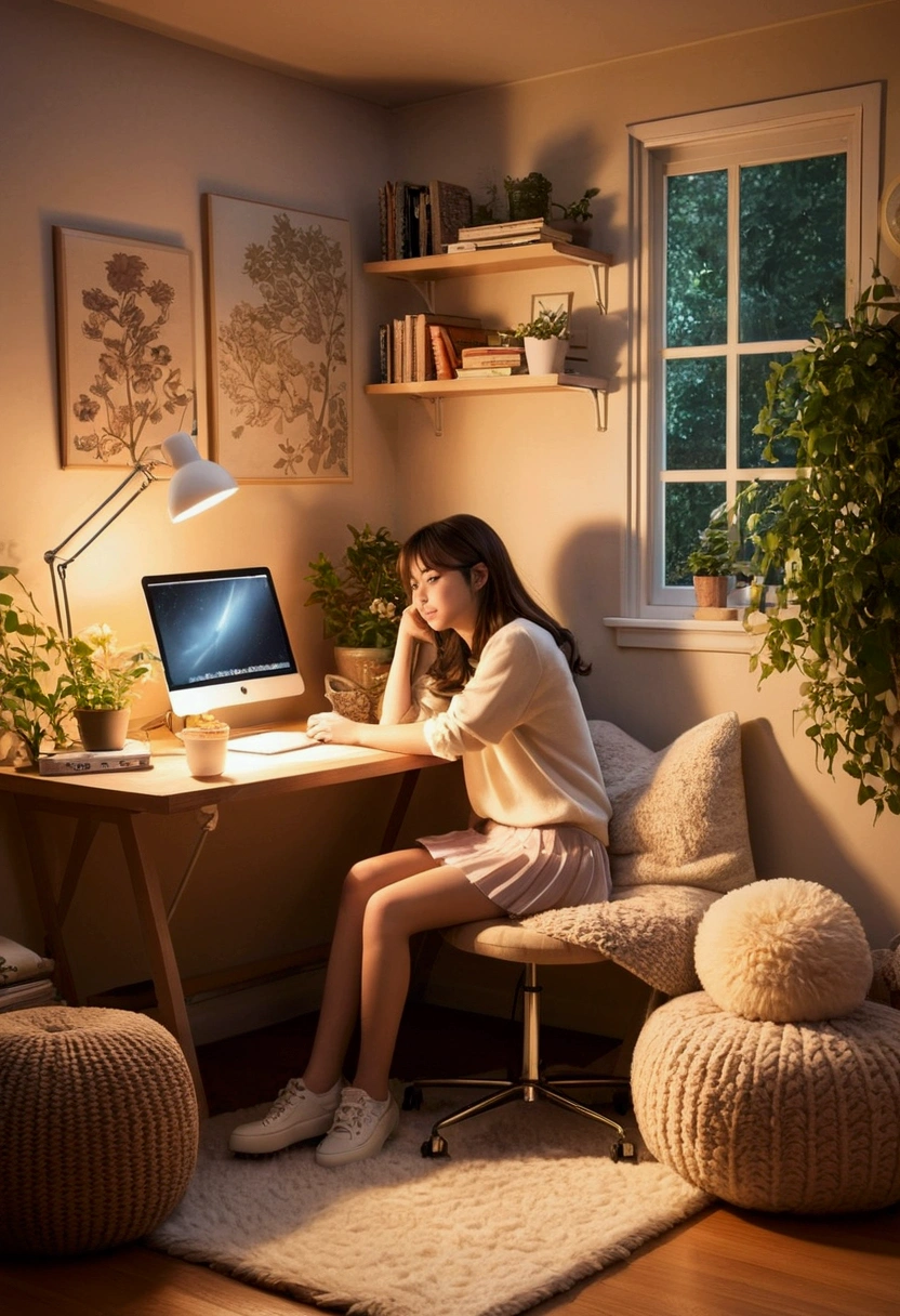 "Create an anime of ultra-comfy, warm-toned room with soft lighting and cozy furniture. There’s a cute girl casually lying on a desk, looking relaxed and content. The room should have a mix of modern and vintage elements, with plush cushions, a fluffy rug, and a touch of greenery.