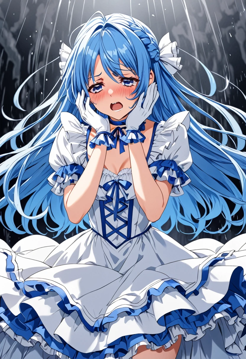 Cure White, choker, Detailed hairstyle and outfit, Long, flowing blue hair, White and blue ruffled dress, White gloves and boots, Hold your ears with both hands, Blushing, In pain, suffer from the enemy's sonic attacks, Close ~ eyes,Dynamic and powerful scenes, Background with sound waves,masterpiece, Highest quality,, Highly detailed background, Perfect lighting, (beautiful, Highest quality:1.1), masterpiece, Perfect Eyes, (beautiful), (erotic:1.2)