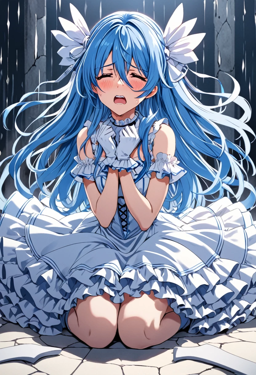 Cure White, choker, Detailed hairstyle and outfit, Long, flowing blue hair, White and blue ruffled dress, White gloves and boots, Hold your ears with both hands, Blushing, In pain, suffer from the enemy's sonic attacks, Close ~ eyes,Dynamic and powerful scenes, Background with sound waves,masterpiece, Highest quality,, Highly detailed background, Perfect lighting, (beautiful, Highest quality:1.1), masterpiece, Perfect Eyes, (beautiful), (erotic:1.2)