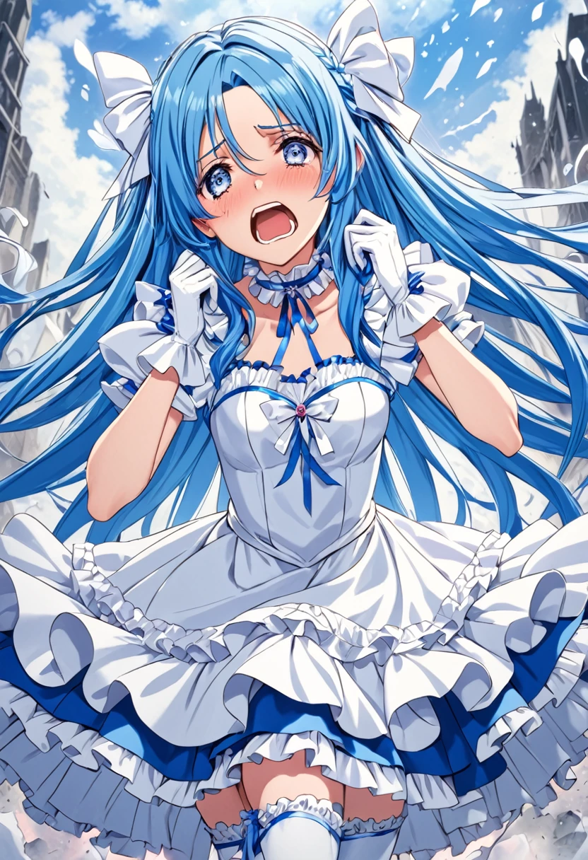Cure White, choker, Detailed hairstyle and outfit, Long, flowing blue hair, White and blue ruffled dress, White gloves and boots, Hold your ears with both hands, Blushing, In pain, suffer from the enemy&#39;s sonic attacks, Close ~ eyes,Dynamic and powerful scenes, Background with sound waves,masterpiece, Highest quality,, Highly detailed background, Perfect lighting, (beautiful, Highest quality:1.1), masterpiece, Perfect Eyes, (beautiful), (erotic:1.2) 