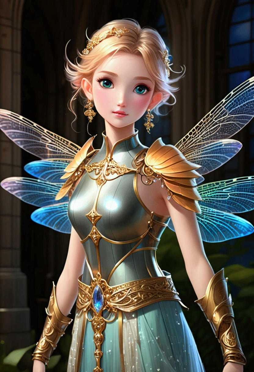 (number々の賞を受賞したmasterpiece, Incredible Details, Texture and maximum detail), (Full body standing:1.8), (Upper body:0.3), (Ultra-photorealism:1.4), (Realistic:1.3), (Highest qualityのリアルテクスチャスキン), (Beautiful old fairy warrior:1.7), (Beautiful circular symmetrical eyes), (Beautifully drawn beautiful face), ((The medieval world)), (full body armor,Beautifully renovated,Some damage: 1.8), (Full body standing:1.8), (Beautiful and clear eyes), (smile), (Beautiful colored eyes full of joy), (Shining majestic cloud mass and sky:1.4), (Halo Optical Phenomenon:1.3), (Holding a beautifully sculpted weapon:1.6), Dramatic Light, A magnificent sight, (There are four large transparent dragonfly wings on the back of the shoulders: 1.7), (((Folded wings))), Glass earrings in the ears, (((Dramatic Photos))), (Full body standing:1.8), (Blonde), (Silver Hair), (Chestnut Hair), Short fine hair, ((Head turned up)), ((Looking down)), (Around her neck is a simple, well-crafted necklace.),,((nightの背景)), Old ruins overgrown with plants, Temple ruins, (Glowing magic circle), Ancient Castle Ruins, ruins, 崩れかけたruins, Ancient ruins with clear water, Very detailed, Ultra-realistic, Intricate details, Painting (artwork of a), ((masterpiece,Highest quality)), ((Cinematic light)), Ultra-photorealism, That's horrible, Dark fantasy, Holy Rays, 壮大なRealisticな, Faded, ((In neutral colors)), art, (High resolution:1.5), (pastel colour:1.2), Super detailed, (Art Station:1.5), Cinematic, night, Black Background,Dramatic Light, (Intricate details:1.1), Complex background, (Greg Rutkowski:0.8), (blue green and orange:0.4)