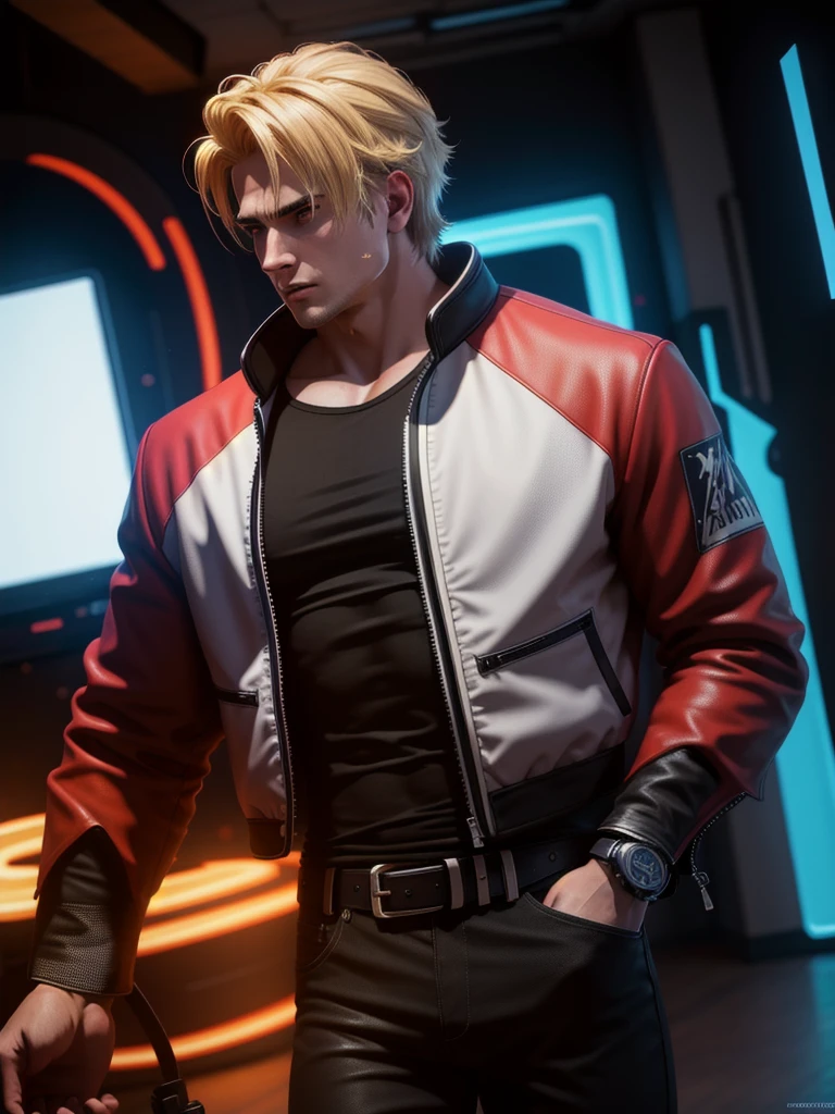 25 year old man, alone, alone, athletic, muscular, blonde hair, red jacket, black t-shirt, black belt and black pants, black fingerless exercise gloves, annoyed look, profile position, expelling a big blue power, cinematic, ultra sharp focus, award winning photography, perfect contrast, high sharpness, depth of field, ultra detailed photography, global illumination, fluid, ultra high definition, 8k, Unreal Engine 5, ultra sharp focus, award winning photography, art station trends
