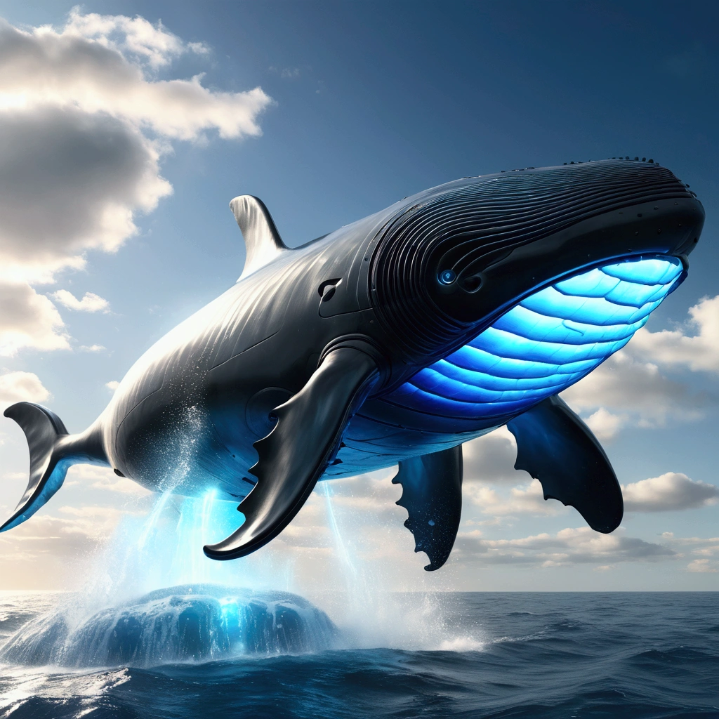 Flying Whale, mechanical whale, jet engine, (glowing Whale:1.4), from side, blue sky, cinematic angle, realistic, hyper-realistic, photorealistic, (best quality,4k,8k,highres,masterpiece:1.2),ultra-detailed,(realistic,photorealistic,photo-realistic:1.37),vivid colors,dramatic lighting,