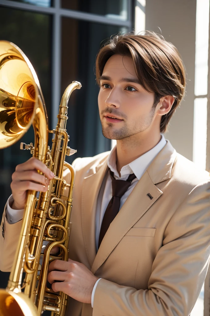  Caucasian man with brown hair happy with a trumpet