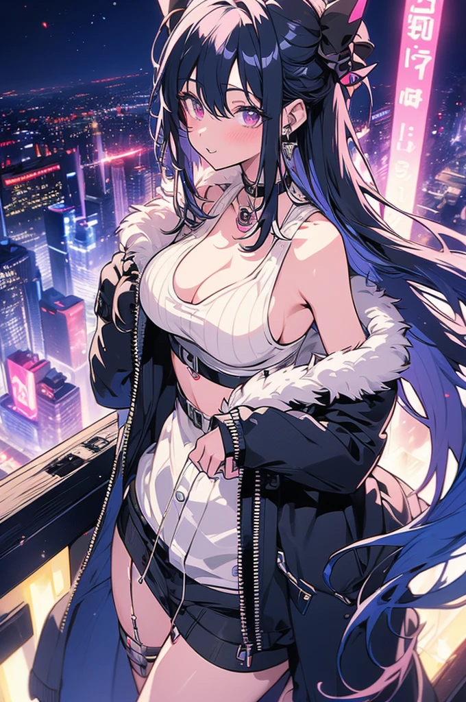 Highest quality, masterpiece, Ultra-high resolution,A woman standing on top of a building overlooking the city at night,Neon Town, cyber punk vibe, cyber punk art style, cyber punk vibes, digital cyber punk - anime art, cyber punk themed art, cyber punk anime art, digital cyber punk anime art, in cyber punk style, cyber punk artstyle, has cyber punk style, anime cyber punk art, in cyber punk city, cyber punk art, cyber punk))), cyber punk style, style of cyber punk