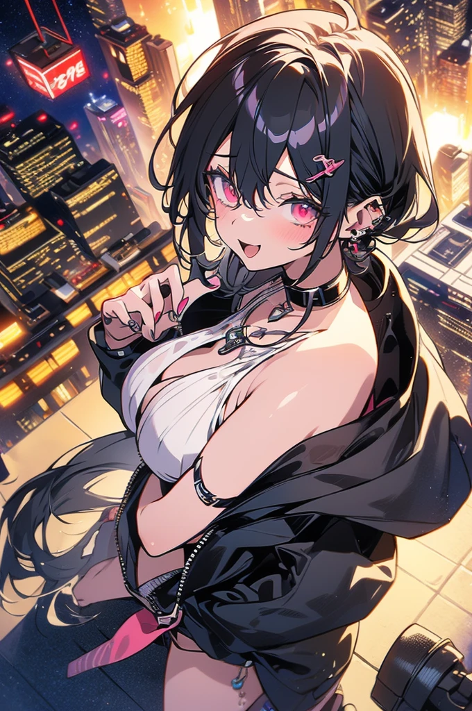Highest quality, masterpiece, Ultra-high resolution,A woman standing on top of a building overlooking the city at night,Neon Town, cyber punk vibe, cyber punk art style, cyber punk vibes, digital cyber punk - anime art, cyber punk themed art, cyber punk anime art, digital cyber punk anime art, in cyber punk style, cyber punk artstyle, has cyber punk style, anime cyber punk art, in cyber punk city, cyber punk art, cyber punk))), cyber punk style, style of cyber punk
