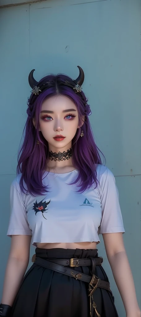 a close up of a woman with horns and a purple hair , cruel korean goth girl, with long hair and piercing eyes, close up character, glowing ember eyes, character close-up