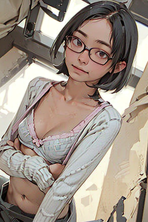 ((Her bra is visible through the gap in her wide-chested sweater..))((Flat Chest))、Shirtless beautiful boy
