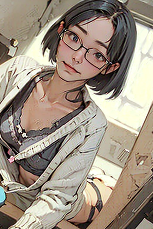 ((Her bra is visible through the gap in her wide-chested sweater..))Angle from below、Short Hair Girl、Gray Hair、Glasses
