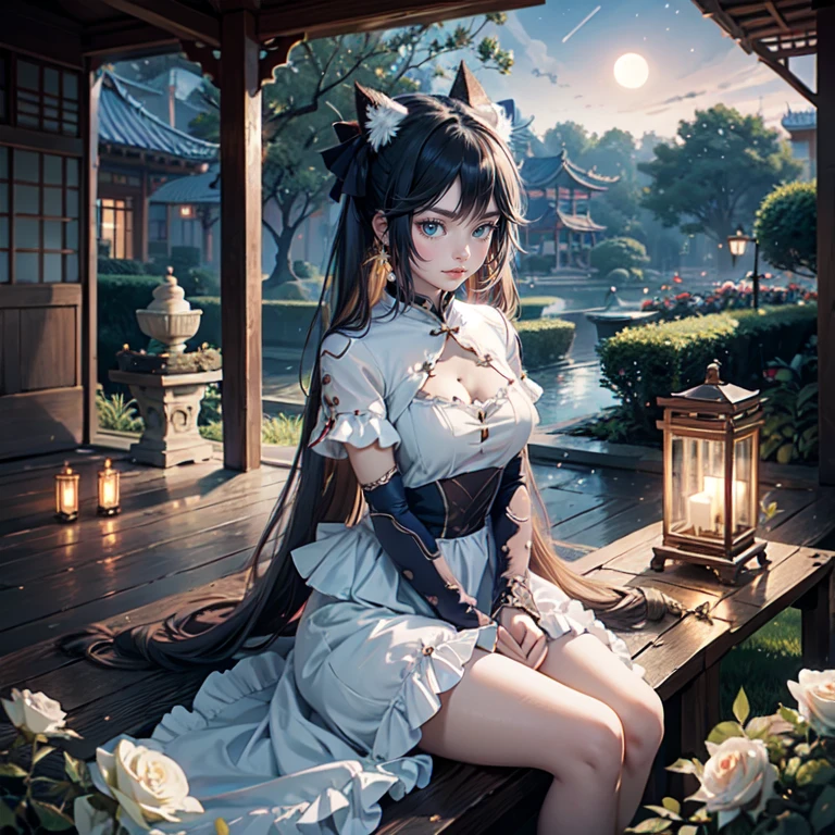 1girl, white roses, long hair, cat ears, roses on her hair, dress, short skirt, black hair, long hair, seat on the grass, garden scene, lolita style of dress, gold lantern, navy dress, more details on her clothes, golden details, night, smiling, chinese style, solo, alone, crystal, curtains, full moon on the sky, laces, frills, sparkles, fireflies, seat on the grass, chinese architecture on the background, white roses on the floor, oriental garden scenery, solo, 1 girl