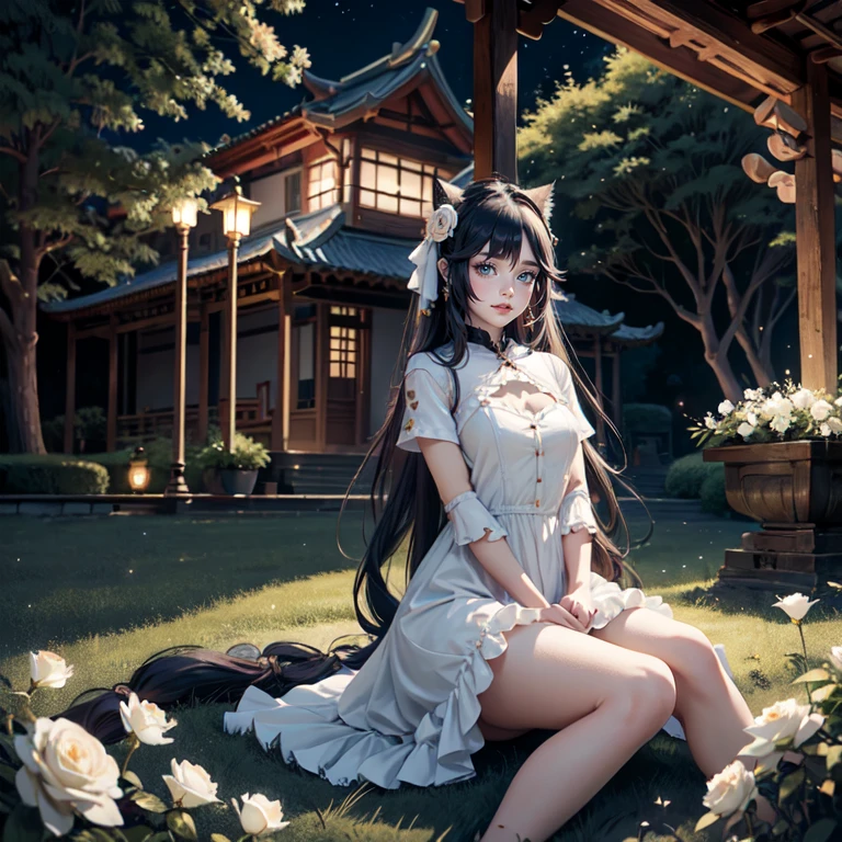 1girl, white roses, long hair, cat ears, roses on her hair, dress, short skirt, black hair, long hair, seat on the grass, garden scene, ****ta style of dress, gold lantern, navy dress, more details on her clothes, golden details, night, smiling, chinese style, solo, alone, crystal, curtains, full moon on the sky, laces, frills, sparkles, fireflies, seat on the grass, chinese architecture on the background, white roses on the floor, oriental garden scenery, solo, 1 girl