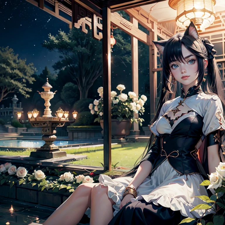 1girl, white roses, long hair, cat ears, roses on her hair, dress, short skirt, black hair, long hair, seat on the grass, garden scene, ****ta style of dress, gold lantern, navy dress, more details on her clothes, golden details, night, smiling, chinese style, solo, alone, crystal, curtains, full moon on the sky, laces, frills, sparkles, fireflies, seat on the grass, chinese architecture on the background, white roses on the floor, oriental garden scenery, solo, 1 girl