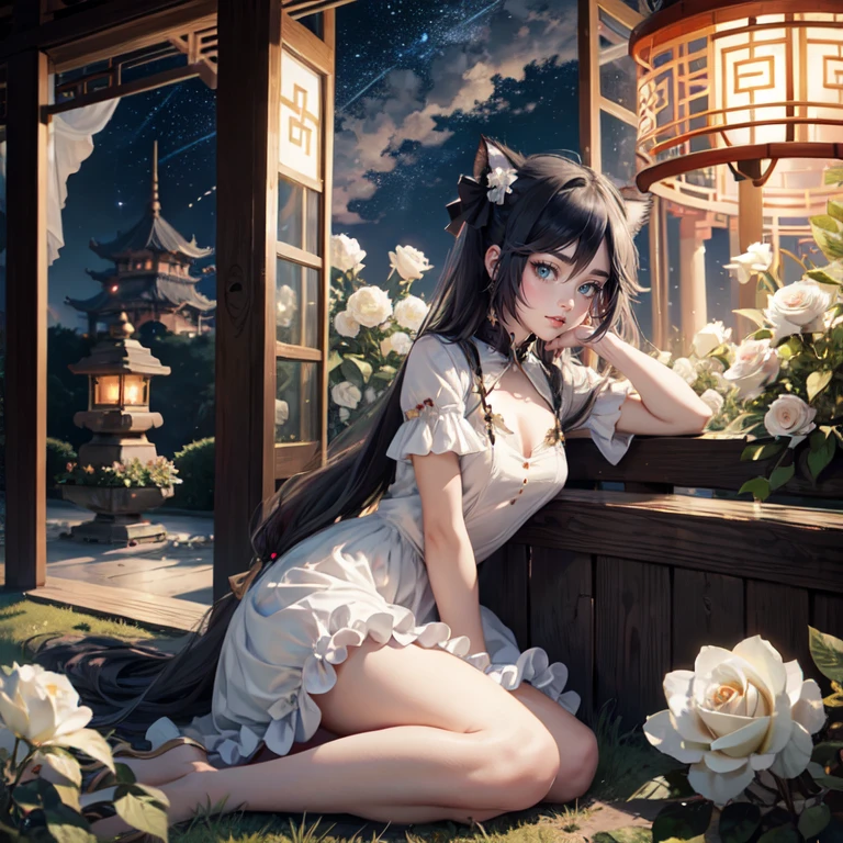 1girl, white roses, long hair, cat ears, roses on her hair, dress, short skirt, black hair, long hair, seat on the grass, garden scene, ****ta style of dress, gold lantern, navy dress, more details on her clothes, golden details, night, smiling, chinese style, solo, alone, crystal, curtains, full moon on the sky, laces, frills, sparkles, fireflies, seat on the grass, chinese architecture on the background, white roses on the floor, oriental garden scenery, solo, 1 girl