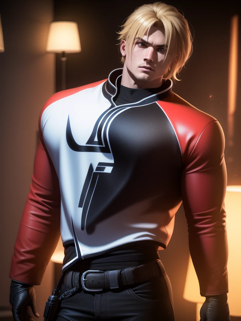 25 year old man, alone, alone, athletic, muscular, blonde hair, red jacket, black t-shirt, black belt and black pants, black fingerless exercise gloves, annoyed look, profile position, expelling a big blue power, cinematic, ultra sharp focus, award winning photography, perfect contrast, high sharpness, depth of field, ultra detailed photography, global illumination, fluid, ultra high definition, 8k, Unreal Engine 5, ultra sharp focus, award winning photography, art station trends