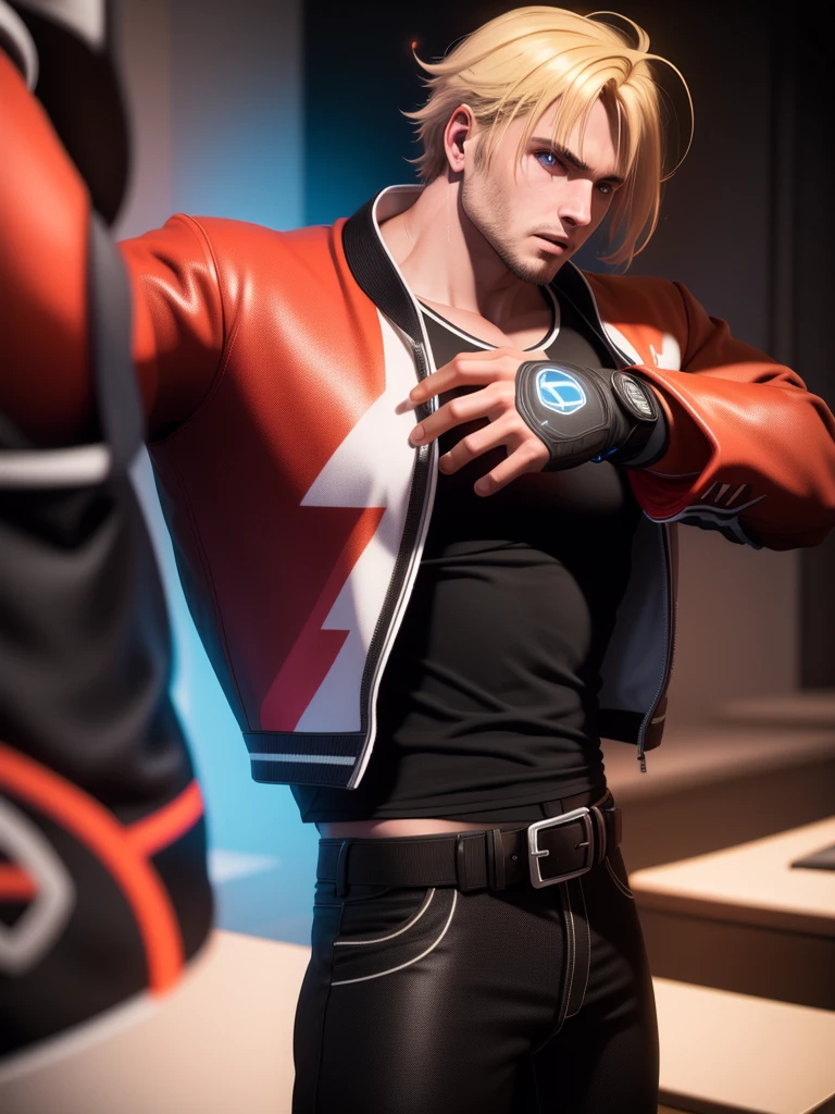 25 year old man, alone, alone, athletic, muscular, blonde hair, red jacket, black t-shirt, black belt and black pants, black fingerless exercise gloves, annoyed look, profile position, expelling a big blue power, cinematic, ultra sharp focus, award winning photography, perfect contrast, high sharpness, depth of field, ultra detailed photography, global illumination, fluid, ultra high definition, 8k, Unreal Engine 5, ultra sharp focus, award winning photography, art station trends