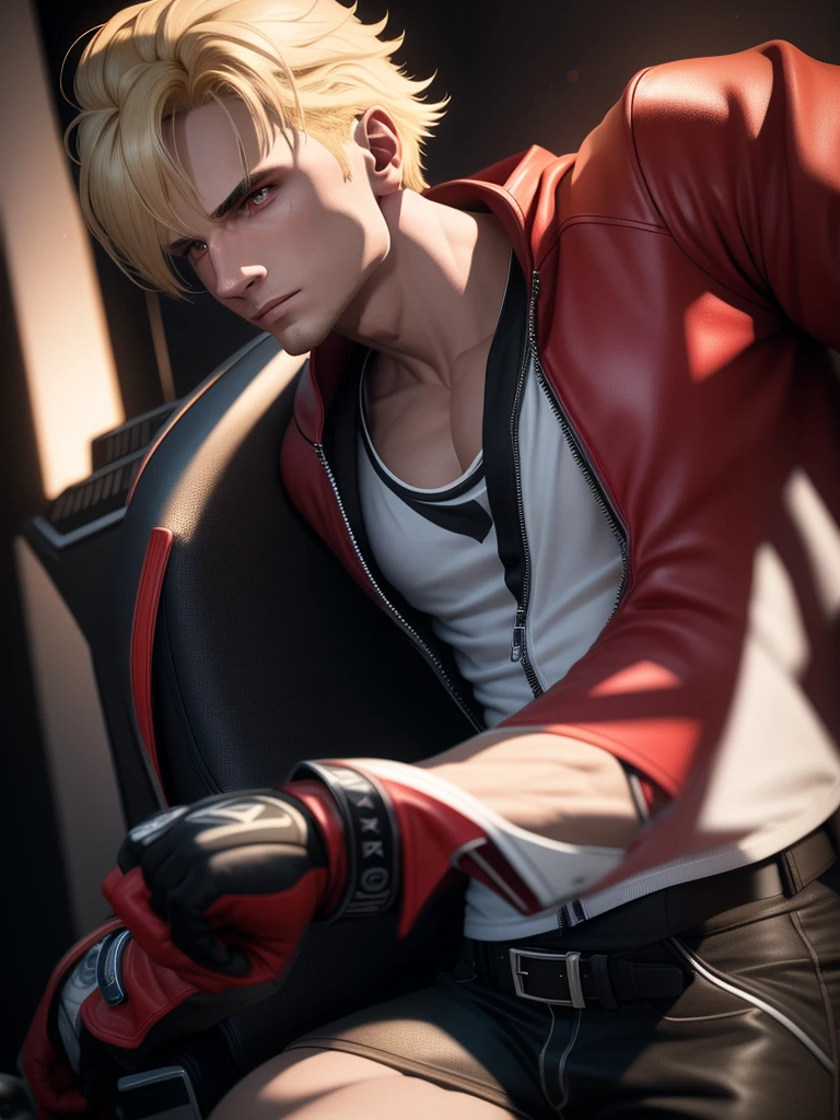 25 year old man, alone, alone, athletic, muscular, blonde hair, red jacket, black t-shirt, black belt and black pants, black fingerless exercise gloves, annoyed look, profile position, expelling a big blue power, cinematic, ultra sharp focus, award winning photography, perfect contrast, high sharpness, depth of field, ultra detailed photography, global illumination, fluid, ultra high definition, 8k, Unreal Engine 5, ultra sharp focus, award winning photography, art station trends
