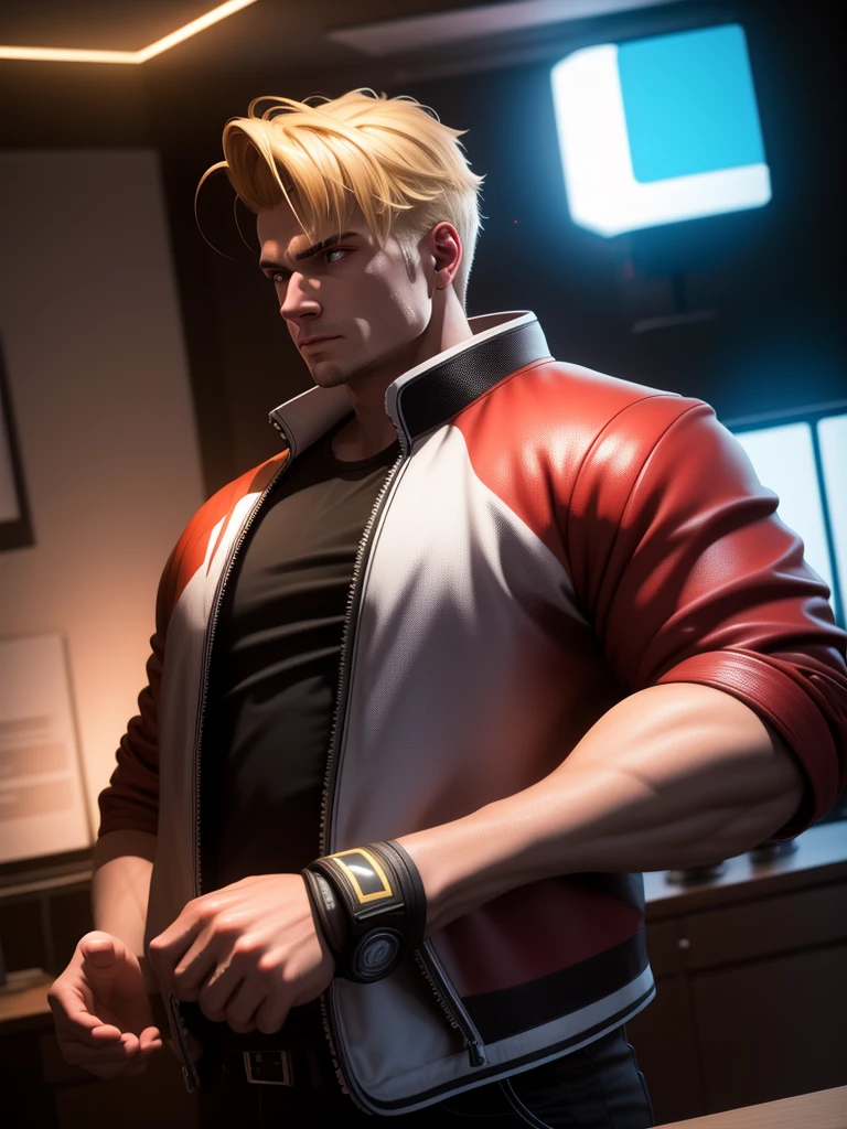 25 year old man, alone, alone, athletic, muscular, blonde hair, red jacket, black t-shirt, black belt and black pants, black fingerless exercise gloves, annoyed look, profile position, expelling a big blue power, cinematic, ultra sharp focus, award winning photography, perfect contrast, high sharpness, depth of field, ultra detailed photography, global illumination, fluid, ultra high definition, 8k, Unreal Engine 5, ultra sharp focus, award winning photography, art station trends