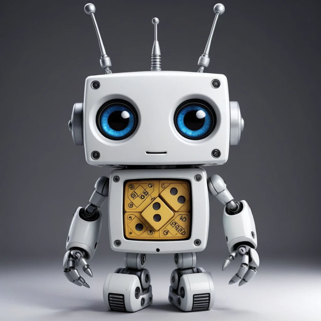 「Lost in the digital world」、A cartoon-style robot with a dice motif,Big eyes,antenna,Electronic display panel on chest、