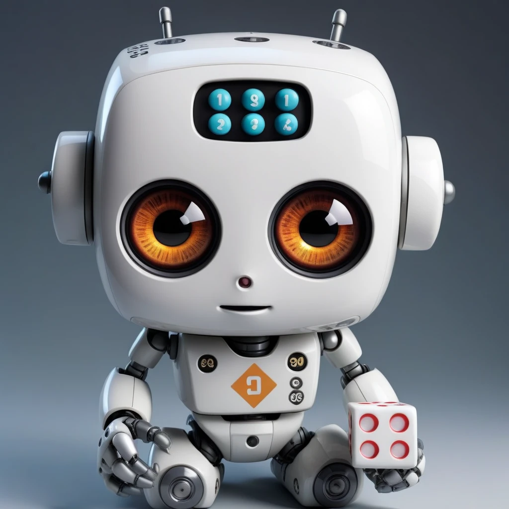「Lost in the digital world」、A cartoon-style robot with a dice motif,Big eyes,antenna,Electronic display panel on chest、