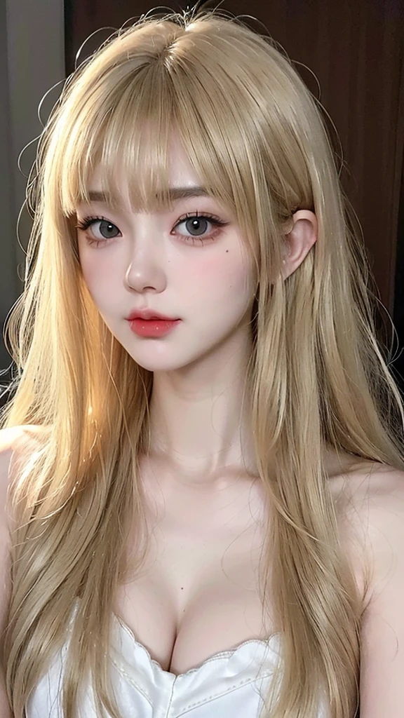 (((ultra realistic))) Photo, masterpiece, top quality, (pale skin), (Ultra detailed face and eyes:1.3), 1 girl, full body, ((full detailed pouty lips)), ((dark blonde wavy hair)), (Natural breasts), Slim waist. ((Posing)), photoshoot, studio (soft lighting), (The play of light and shadows), (special attention to skin detail: 1.2), ((blunt bangs 1.2)), ((very long blonde hair)), ((big cat upturned eyes)), ((Korean Girl)), ((heart shaped face)), ((short chin)), ((v-shaped jawline)), wearing a white dress, ((pale white almost traslucent skin)), ((light brown eyes color))
