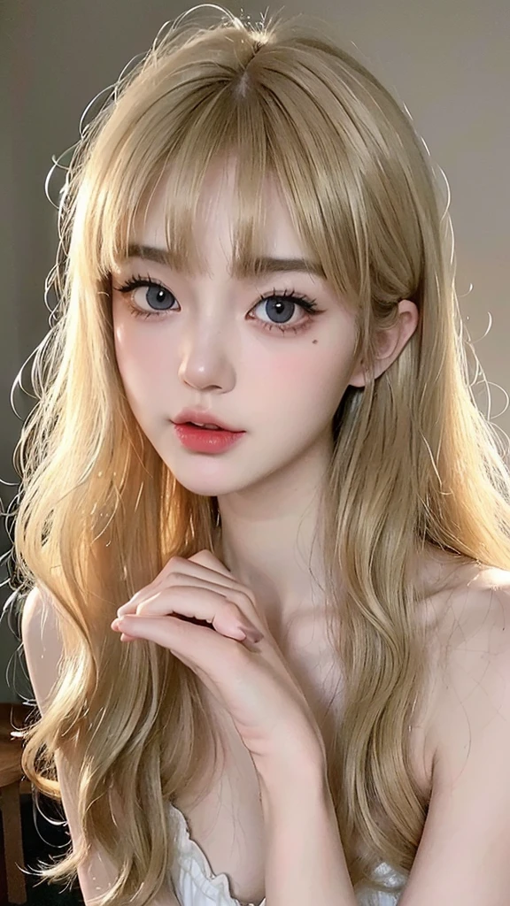 (((ultra realistic))) Photo, masterpiece, top quality, (pale skin), (Ultra detailed face and eyes:1.3), 1 girl, full body, ((full detailed pouty lips)), ((dark blonde wavy hair)), (Natural breasts), Slim waist. ((Posing)), photoshoot, studio (soft lighting), (The play of light and shadows), (special attention to skin detail: 1.2), ((blunt bangs 1.2)), ((very long blonde hair)), ((big cat upturned eyes)), ((Korean Girl)), ((heart shaped face)), ((short chin)), ((v-shaped jawline)), wearing a white dress, ((pale white almost traslucent skin)), ((light brown eyes color))