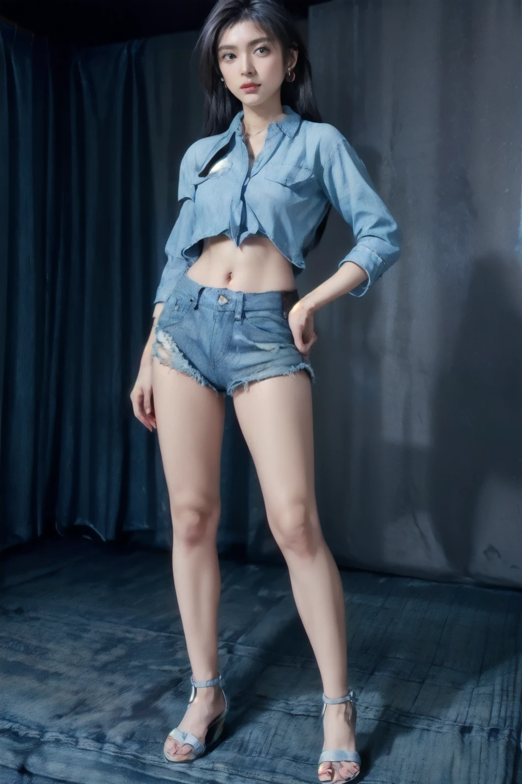 (tall:2),(photo realist: 1.2), (hiper realist: 1.2), (realistic: 1.2), (smoother lighting: 1.2), (Improve the quality of movie lighting: 1.2), (RAW photo:1.2), (better quality:1.2), (beauty eyes:1.2), (masterpiece:1.2), (Physically based rendering:1.2), (ultra high resolution:1.2), (best quality:1.2),(standing:2),(full body shot:2),(sexy pose:2),(blue long hair:1.2),(beauty face:1.2),(earring:2),(ember eyes:1.2),(tied shirt:1.2),(denim micro shirt:2),(belt:1.2),(beauty legs:2),(sandals:1.2),(simple background:1.2),(shiny skin:1.2),(navel:1.2)
