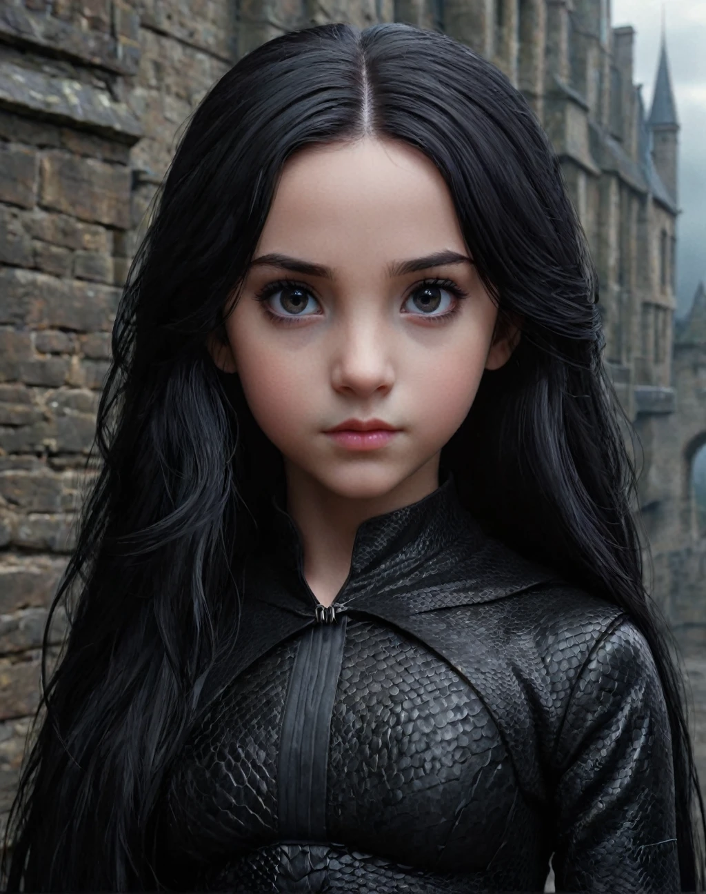 Girl, masterpiece, best quality, ultra-detailed, 1girl, 11 years old,daughter of severus snape, black hair, black eyes, long hair, snake, pretty, beautiful, black snake, main face, font face,
