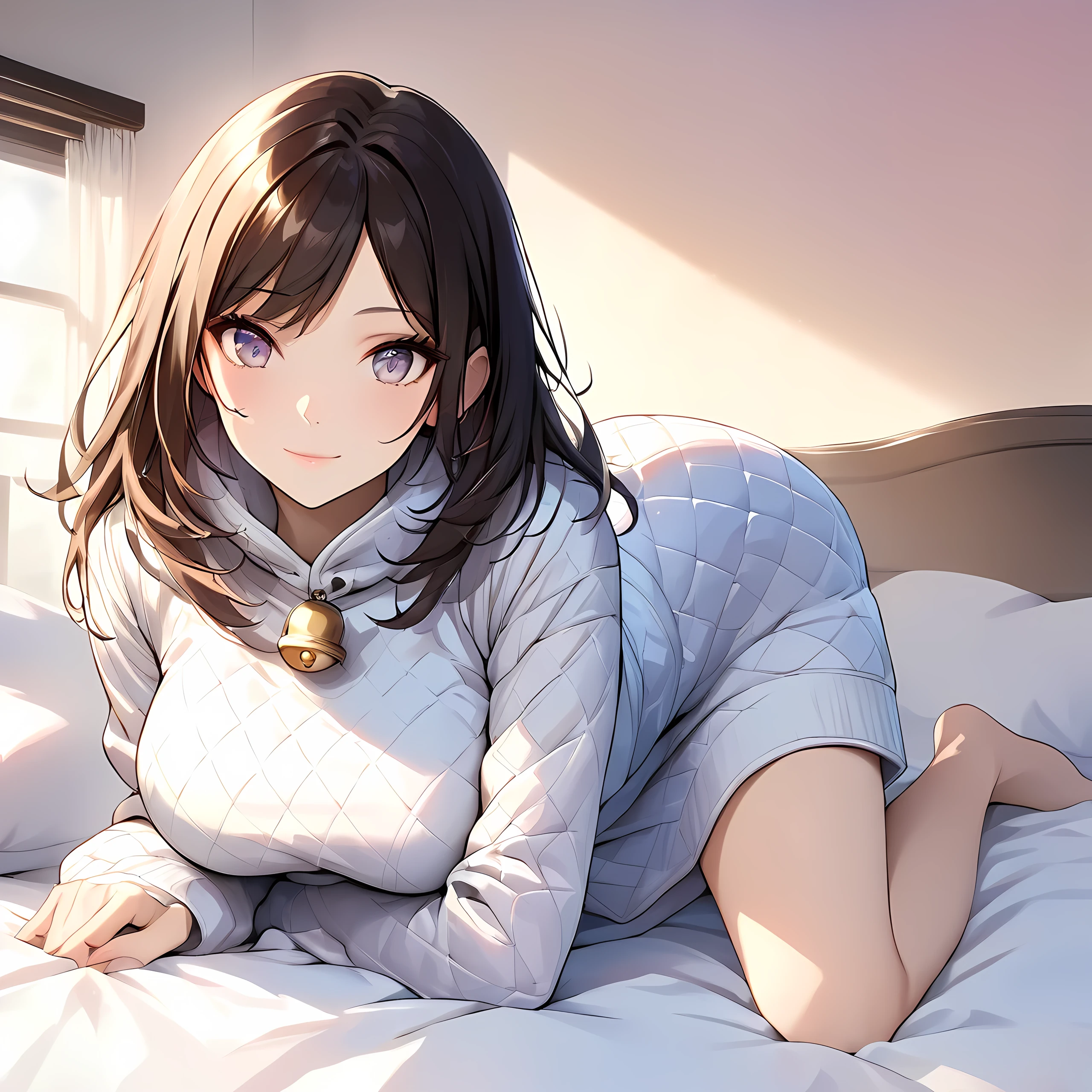 1 girl, human, (full body), ((Masterpiece, high quality, HD, High Details)), Bell Shape breasts (Narrower at the top and fuller at the bottom, resembling a bell), background: winter, inside home, on bed, Lying on stomach, one leg bent at the knee, looking at viewer, slightly smile, Eyes: Almond-shaped, dark brown, Nose: Small and slightly upturned, Lips: Full, rosy pink, Hair: Long, wavy, black, Skin Tone: Fair with a pink undertone, Eyebrows: Thick and gently arched, Cheekbones: High and defined, Chin: Rounded, Ears: Small and close to the head((no animal ears)), Expression: Serene and thoughtful, wearing (Quilted puffer dress).