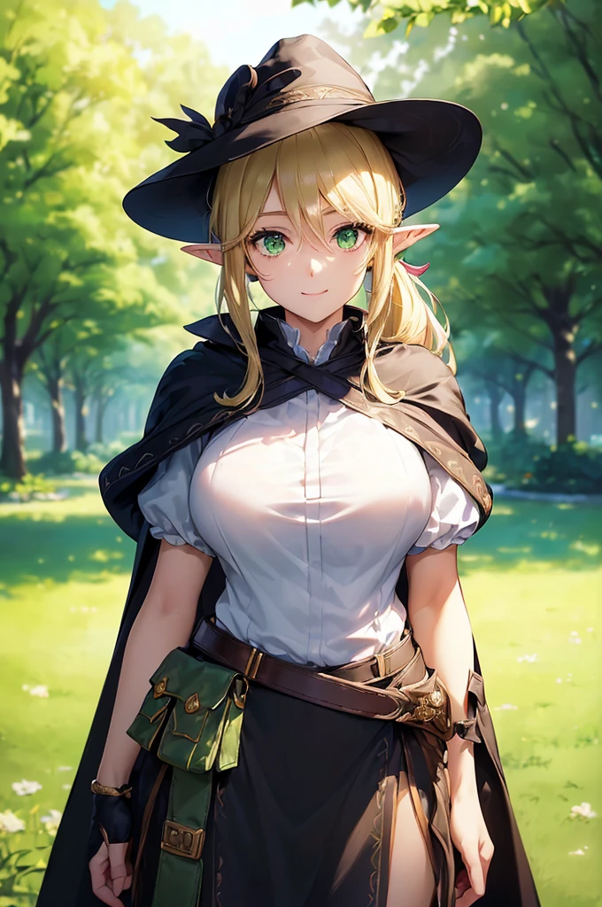 (((masterpiece; best quality: 1.2))), (finely detailed eyes: 1.3), (25 year old elf woman), (solo), (green eyes: 1.4), (body; big breasts, fit, femenine: 1.3), (silky blonde hair in low ponytail: 1.3), (beautiful and clear background: 1.2), ((depth of field)), (equipment: adventurer garb + modest + elegant wide-brimmed hat + dark blouse + dark cape + black long skirt + gloves + belt + pouches: 1.3), (anime illustration: 1.2), (background composition; royal garden: 1.1), (extremely fine and beautiful: 1.1), (shot composition; standing + centered on torso + close-up: 1.5), (expression; calm, smile: 1.2)