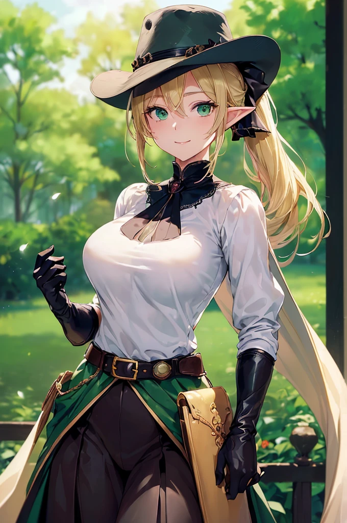 (((masterpiece; best quality: 1.2))), (finely detailed eyes: 1.3), (25 year old elf woman), (solo), (green eyes: 1.4), (body; big breasts, fit, femenine: 1.3), (silky blonde hair in low ponytail: 1.3), (beautiful and clear background: 1.2), ((depth of field)), (equipment: adventurer garb + modest + elegant wide-brimmed hat + dark blouse + dark cape + black long skirt + gloves + belt + pouches: 1.3), (anime illustration: 1.2), (background composition; royal garden: 1.1), (extremely fine and beautiful: 1.1), (shot composition; standing + centered on torso + close-up: 1.5), (expression; calm, smile: 1.2)