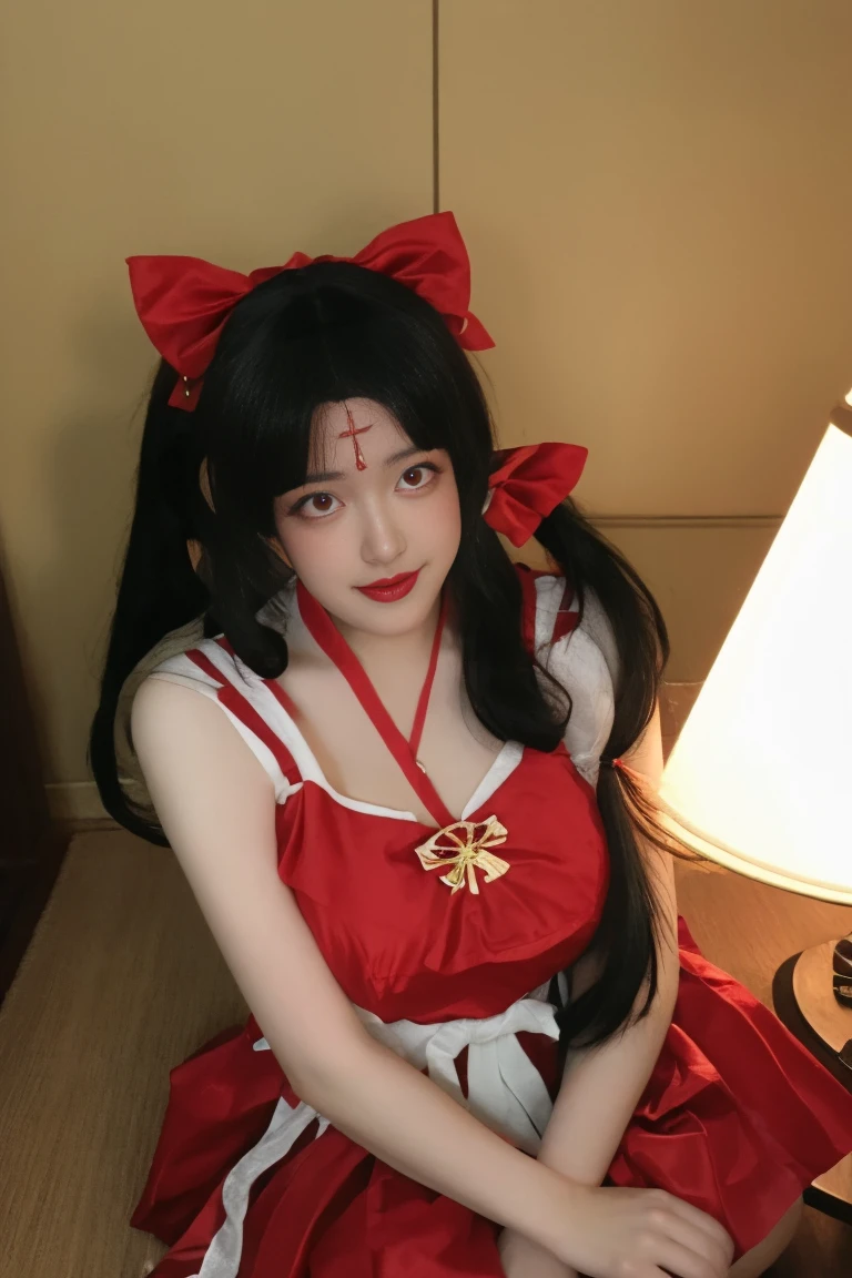 best quality, tmasterpiece,Ultra-high resolution,Clear face,(Reality:1.4),ferpect lighting,(full body:1.3), (photorealistic:1.50), anime wallpaper, Guviz style artwork, cover-up fantasy up to magic , by Yang J, Guviz, beautiful artwork illustration, beautiful digital artwork, beautiful digital illustration, Li Song, beautiful anime portrait, art style in Beauvot, 1girl, 独奏, long hair, (twintails:1.5), hair ribbon, (black hair:1.5), bangs, (purple eyes), double eyelids, blush, Red cheeks, Sleeveless, white dress, (Hanfu), (Chinese dress), (medium breast:1.5), shagging breasts, Cleavage, indoor, room, standing, From above, (looking at viwer), smile,