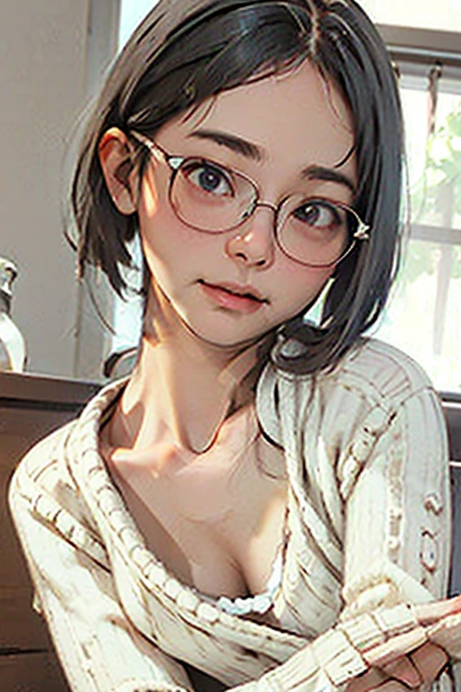 ((A white bra is visible through the gap in her wide-chested sweater..))Close-up of chest、Short Hair Girl、Gray Hair、Glasses
