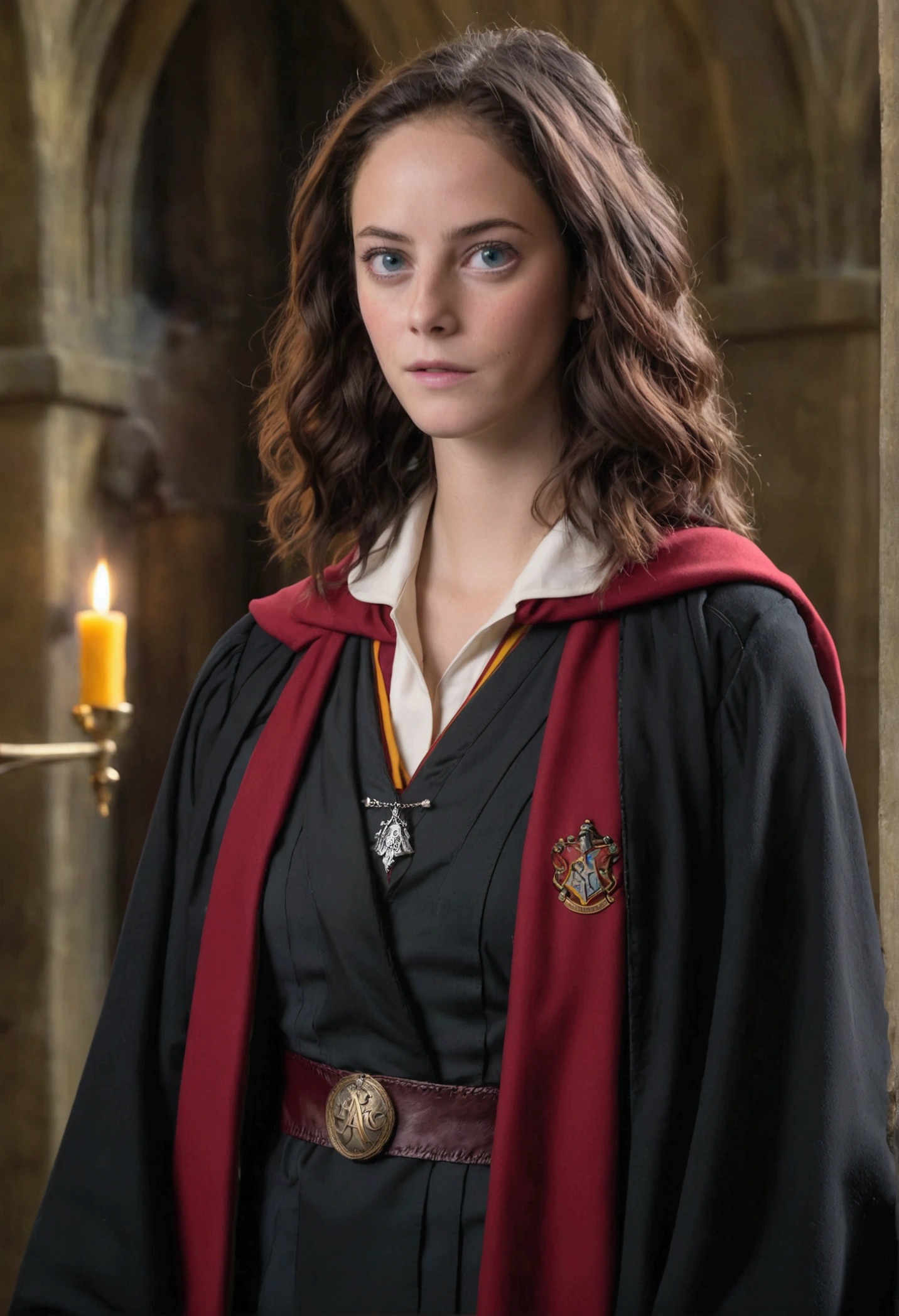 Kaya Scodelario in Harry Potter robes(((medium close-up))),1girl in,8K, Raw photography, top-quality, ​masterpiece, realisitic,Robes,wearing black wizard robes, Gryffindor, magic ,  wearing robes and neckties, hogwarts style, wearing red sorcerer's robes, High quality clothing, (Canon EOS 5D Mark IV Camera, Famous for capturing vibrant colors and rich textures:1.2)