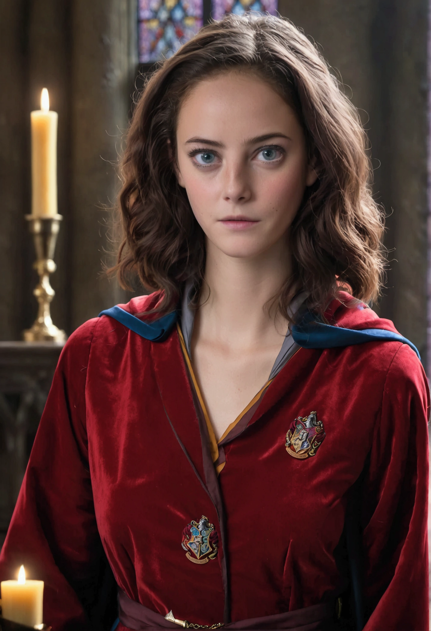 Kaya Scodelario in Harry Potter robes(((medium close-up))),1girl in,8K, Raw photography, top-quality, ​masterpiece, realisitic,Robes,wearing black wizard robes, Gryffindor, magic ,  wearing robes and neckties, hogwarts style, wearing red sorcerer's robes, High quality clothing, (Canon EOS 5D Mark IV Camera, Famous for capturing vibrant colors and rich textures:1.2)