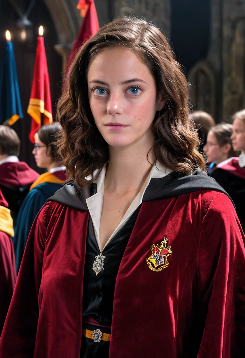 Kaya Scodelario in Harry Potter robes(((medium close-up))),1girl in,8K, Raw photography, top-quality, ​masterpiece, realisitic,Robes,wearing black wizard robes, Gryffindor, magic ,  wearing robes and neckties, hogwarts style, wearing red sorcerer's robes, High quality clothing, (Canon EOS 5D Mark IV Camera, Famous for capturing vibrant colors and rich textures:1.2)