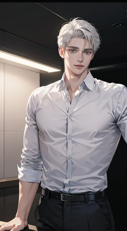 (best quality, masterpiece, 8K, photorealistic, cinematic lighting, hdr image, ultra detailed, beautiful image), 1 man, 31 years old, mature man, very handsome, (without expression, smile), short white hair, blue eyes ( penetrating gaze), perfect face without errors, imposing posture, without errors, businessman, office background