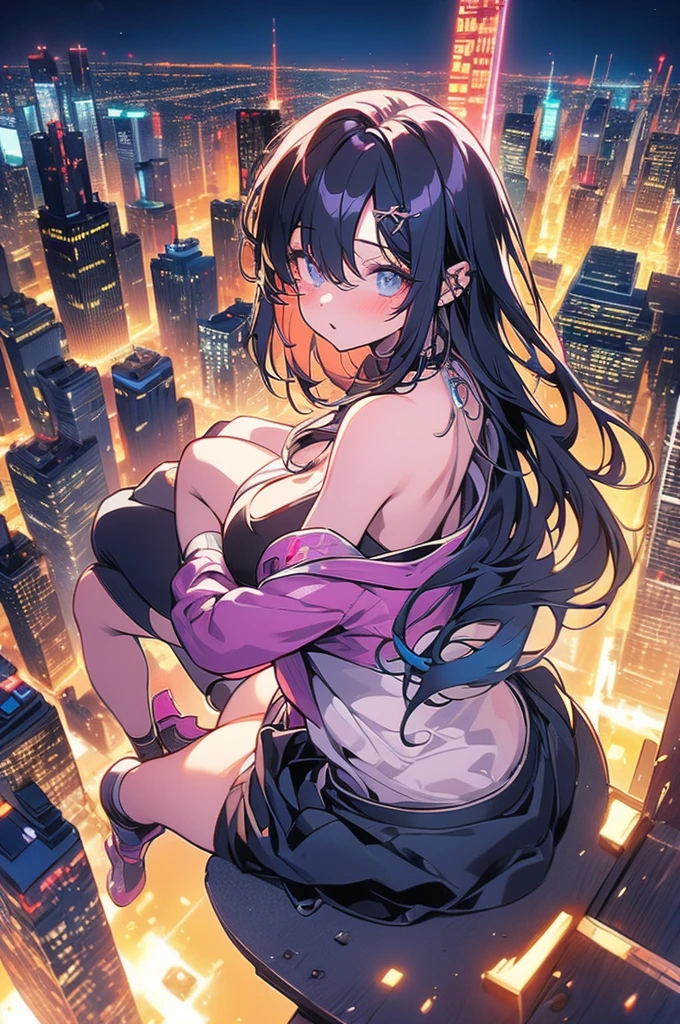 Highest quality, masterpiece, Ultra-high resolution,A woman standing on top of a building overlooking the city at night,Neon Town, cyber punk vibe, cyber punk art style, cyber punk vibes, digital cyber punk - anime art, cyber punk themed art, cyber punk anime art, digital cyber punk anime art, in cyber punk style, cyber punk artstyle, has cyber punk style, anime cyber punk art, in cyber punk city, cyber punk art, cyber punk))), cyber punk style, style of cyber punk