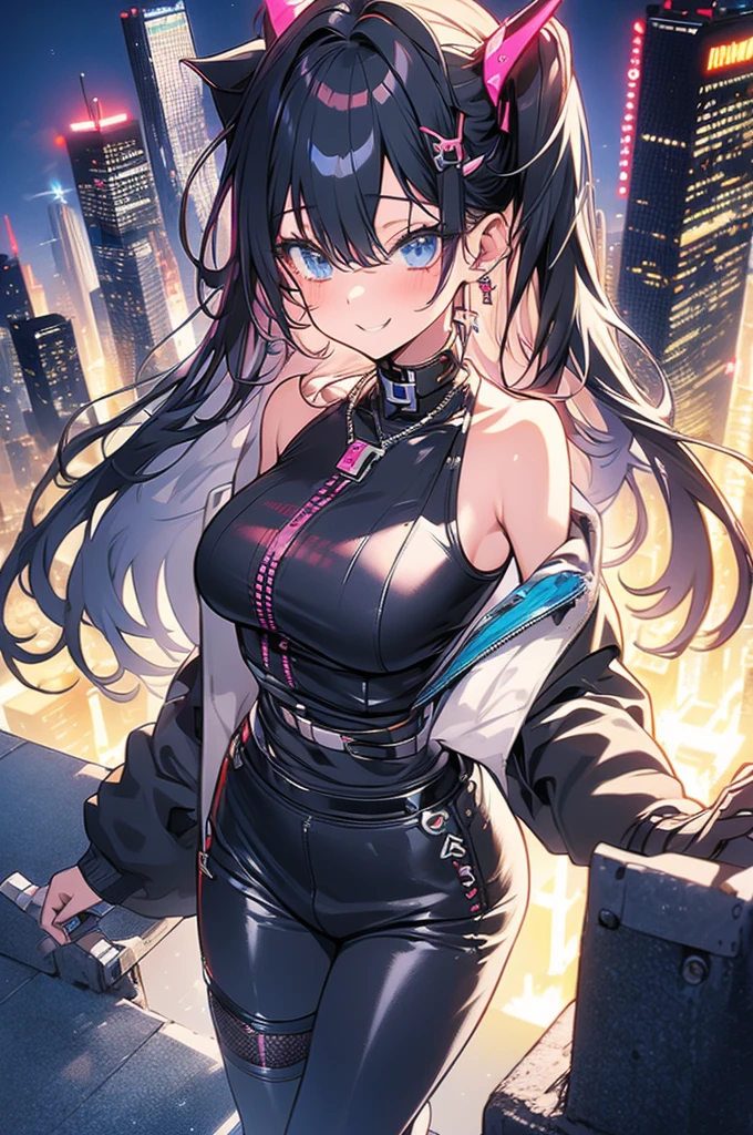 Highest quality, masterpiece, Ultra-high resolution,A woman standing on top of a building overlooking the city at night，Neon Town, cyber punk vibe, cyber punk art style, cyber punk vibes, digital cyber punk - anime art, cyber punk themed art, cyber punk anime art, digital cyber punk anime art, in cyber punk style, cyber punk artstyle, has cyber punk style, anime cyber punk art, in cyber punk city, cyber punk art, cyber punk))), cyber punk style, style of cyber punk