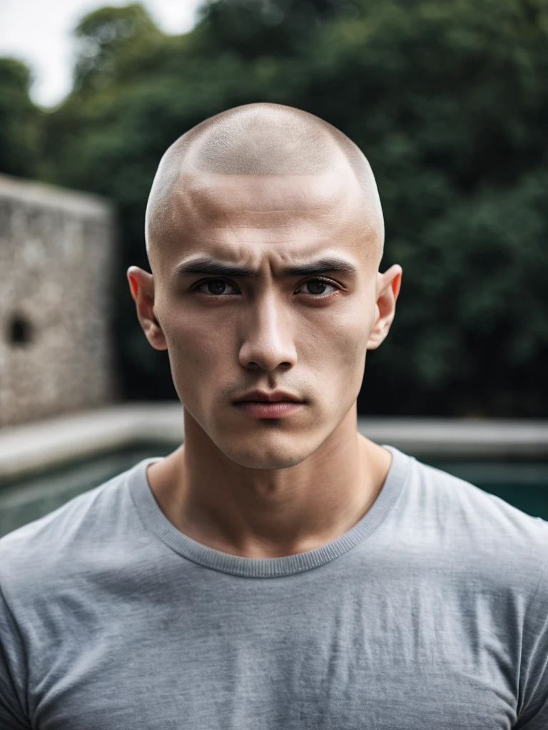 18age,Hairstyle is skinhead。Face、A young man as beautiful as the Athenian god Ares。Half Westerner, half Asian。Deep moat。Facing forward and with big eyes is sexy。
