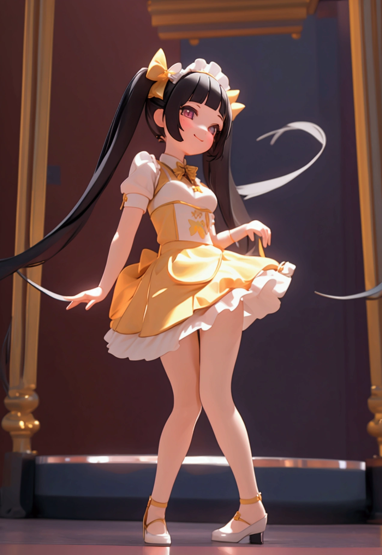 masterpiece, best quality, ultra detailed, a girl, concert hall, maid, delightful, smiling, dancing, looking up, twintail, blunt bangs, flipped hair, black hair, at night, UwU, chibi, 3D render, full body shot, front view, from below, golden ratio, underlighting, in focus with blurred background, Vivid_Pink