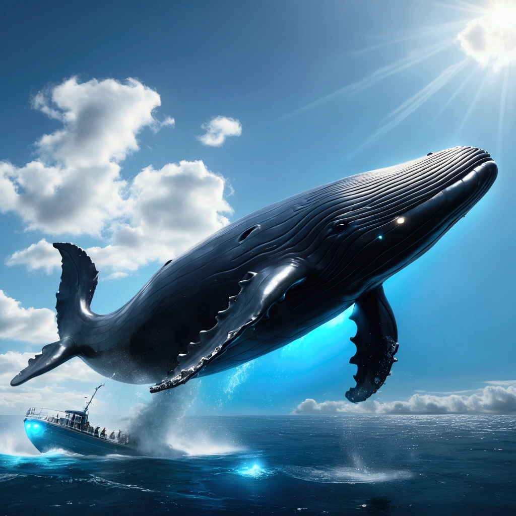 Flying Whale, mechanical whale, jet engine, (glowing Whale:1.4), from side, blue sky, cinematic angle, realistic, hyper-realistic, photorealistic, (best quality,4k,8k,highres,masterpiece:1.2),ultra-detailed,(realistic,photorealistic,photo-realistic:1.37),vivid colors,dramatic lighting,