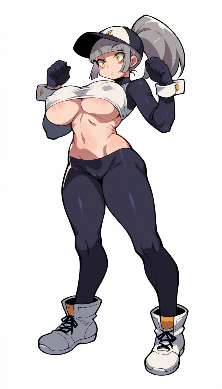 score_9, score_8_up, score_7_up, score_6_up, score_5_up, score_4_up, BREAK,blunt bangs,Gray Hair,Yellow Eyes,ponytail,big breasts,,Overflowing breasts,cap,Sports bra,Shorts,.boots,Street fashion,Reverse Bunny Suit,Erect nipples,Underboob,White background,Are standing,