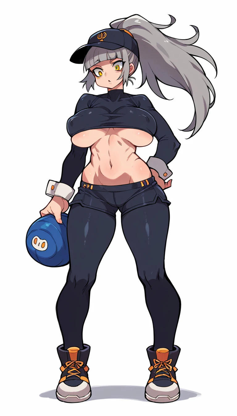 score_9, score_8_up, score_7_up, score_6_up, score_5_up, score_4_up, BREAK,blunt bangs,Gray Hair,Yellow Eyes,ponytail,,,Overflowing breasts,cap bra,Shorts,.boots,Street fashion,Reverse Bunny Suit,Erect nipples,Unde,Whiteound,Are standing,