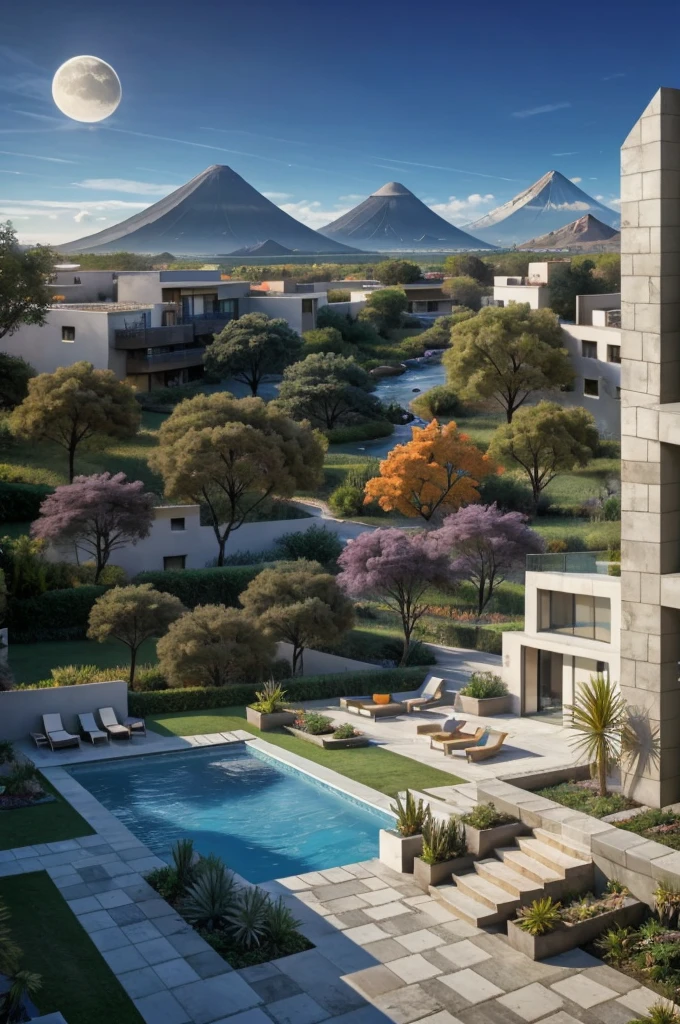 Multiple houses, brutalism style, Luis Barragán, Mountains in background, river, pool, terraces, stairs, garden terraces, trees, beautiful clouds, moon, sun, detailed, cacti, boulders, volcanic rocks, fuggy, Violet, orange, olive green, blue, magenta, amazing volcano in horizont, beautiful garden design