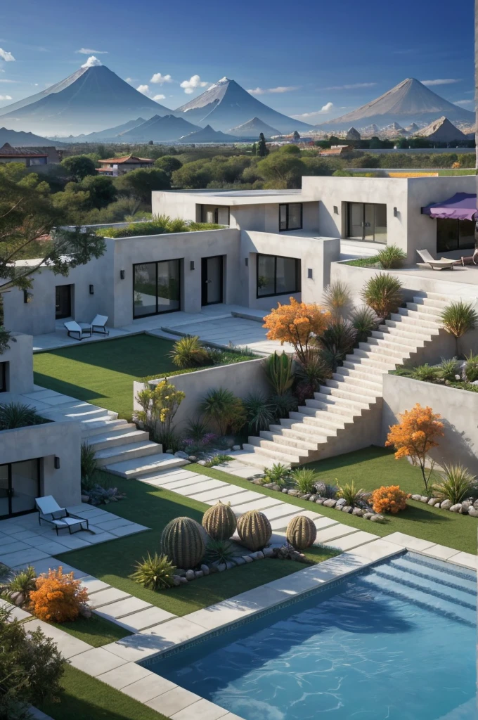 Multiple houses, brutalism style, Luis Barragán, Mountains in background, river, pool, terraces, stairs, garden terraces, trees, beautiful clouds, moon, sun, detailed, cacti, boulders, volcanic rocks, fuggy, Violet, orange, olive green, blue, magenta, amazing volcano in horizont, beautiful garden design