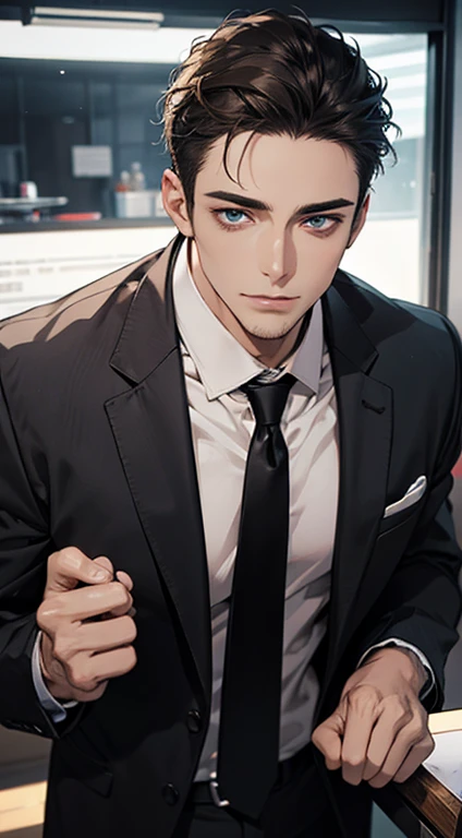 (best quality,4k,8k,highres,masterpiece:1.2),ultra-detailed,(realistic,photorealistic,photo-realistic:1.37),1 man,31 years old,mature man,very handsome,without expression,smile,short grey brown hair,blue eyes,penetrating gaze,perfect face without errors,imposing posture,businessman,office background,cinematic lighting,hdr image