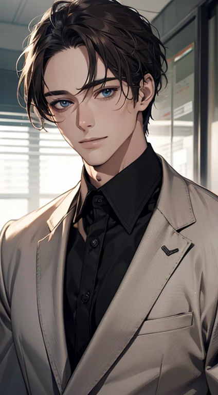 (best quality,4k,8k,highres,masterpiece:1.2),ultra-detailed,(realistic,photorealistic,photo-realistic:1.37),1 man,31 years old,mature man,very handsome,without expression,smile,short grey brown hair,blue eyes,penetrating gaze,perfect face without errors,imposing posture,businessman,office background,cinematic lighting,hdr image